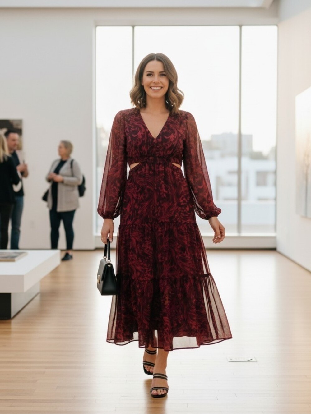 NWT Sofia Jeans Burgundy Shimmer Cut Out Long Sheer Sleeve Ruffle Maxi — Size XS